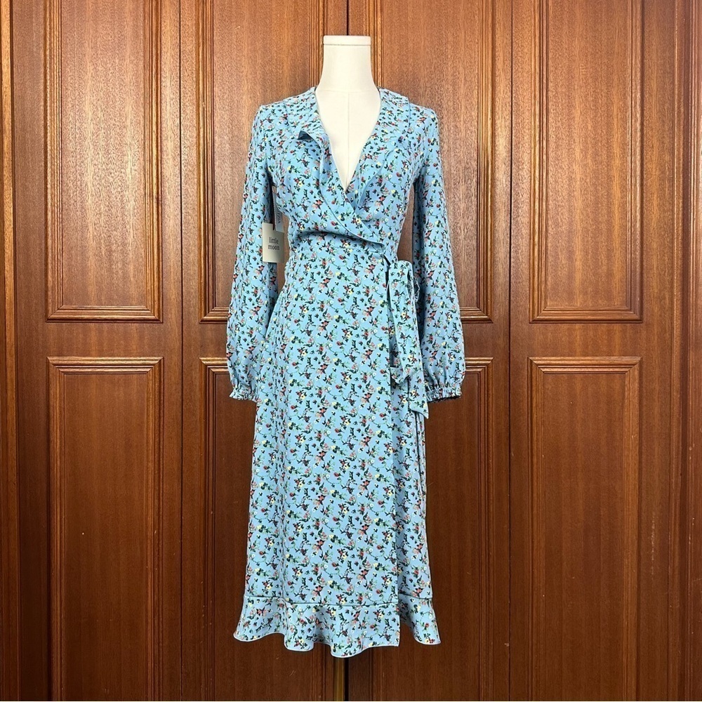 Little Moon Blue Elm Floral Wrap Midi Wrap Women Longsleeves Ruffle Dress Sz XXS